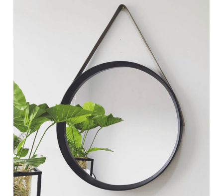 Espejo Lujo Redondo Adnet De Cuero Negro 52 centimetros 17220