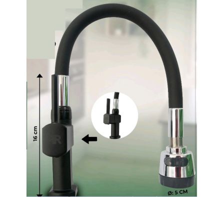 Monocomando Ramos Flexible Cocina Mesada Con Pico Rociador 16cm Negro 10763